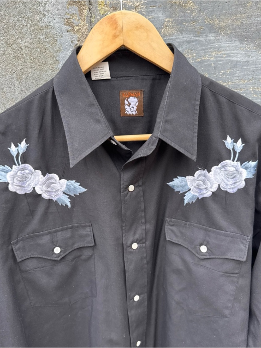 Vintage Karman Western Shirt Mens L Black Pearl Snap Floral Cowboy Rodeo